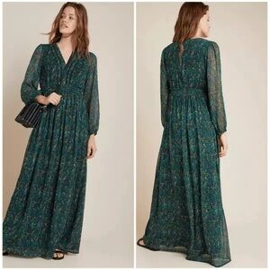 Ranna Gill Anthropologie Daphne Green Floral Long Sleeve V-neck Maxi Dress